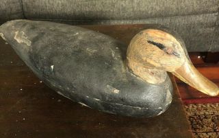 Antique Wooden Hand Carved Black Duck Decoy - Elmer Crowell?