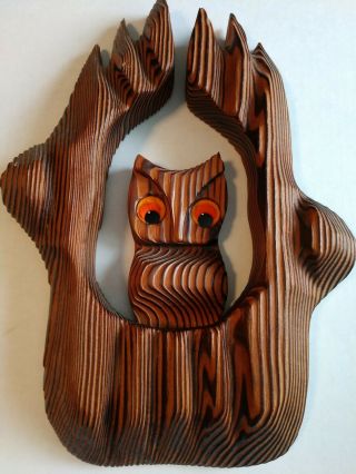 Vintage Carved Wood Owl In A Tree Knot Wall Plaque