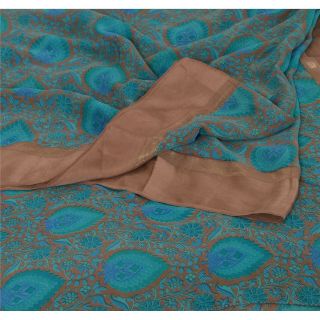 Sanskriti Vintage Brown Saree Pure Crepe Silk Printed Sari Craft 5yd Soft Fabric