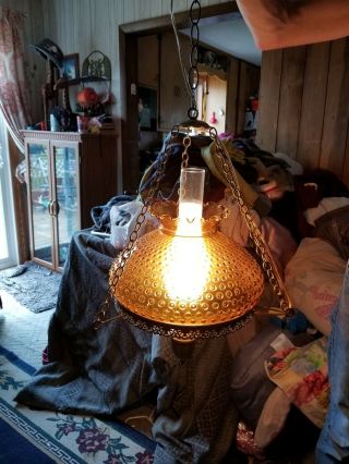 Vintage Hurricane Hanging Swag Lamp Large Hobnail Amber Colored Glass Globe