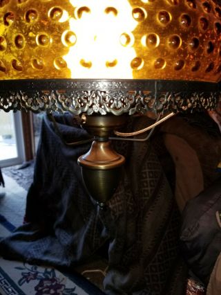 Vintage Hurricane Hanging Swag Lamp Large Hobnail Amber Colored Glass Globe 2