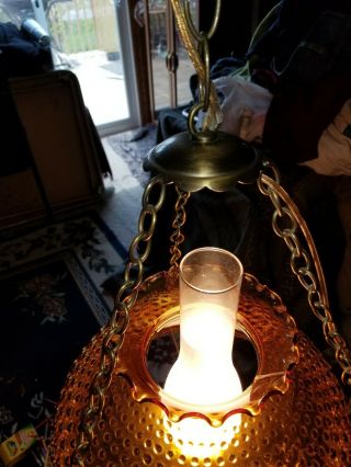 Vintage Hurricane Hanging Swag Lamp Large Hobnail Amber Colored Glass Globe 3