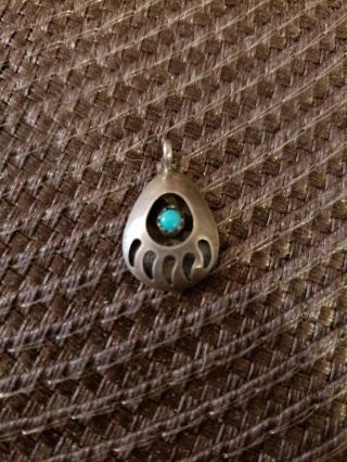 Vintage Native American Sterling Silver And Turquoise Bear Paw Pendant