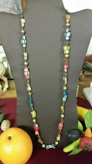 Vintage Mixed Multi Color Abalone Shell Bead Necklace 30  Gold Plated