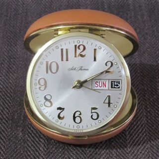 Vtg Seth Thomas Round Face W/day Date Travel Alarm Clock Tan Case Japan