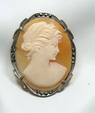 Vintage Art Deco Carved Shell Cameo Brooch/necklace Sterling Silver& Marcasite