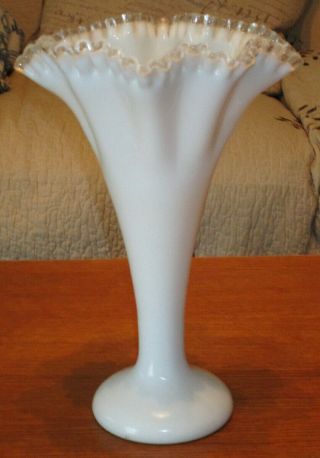 Vintage 12 3/4 " Fenton Silvercrest Ruffled Edge Milkglass Fan Vase