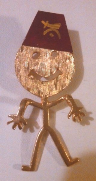 Vintage Masonic Brooch Shriner Stick Figure Happy Face Red Fez Pin