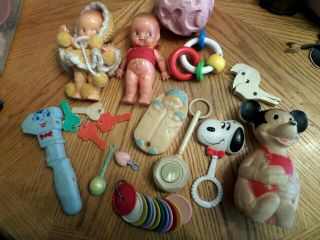 Vintage Baby Rattles/toys Dolls Snoopy Mickey Mouse