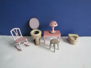 Vtg Tootsie Toy Doll House Furniture Pink Toilet Scale Stool Lamp Rocker