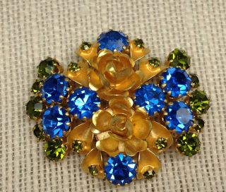 Vintage Austria Brooch Gold Tone Roses Blue & Green Rhinestones