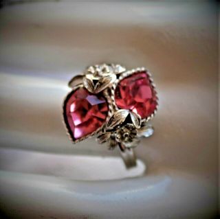 Vintage Sarah Coventry Silvertone Pink Heart Rhinestone Flower Adjustable Ring