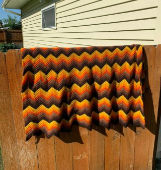 Vintage Handmade Zig Zag Chevron Afghan Blanket Knit Crochet Yellow Orange Brown