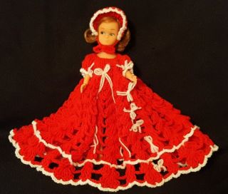Vintage Handmade Hand Crocheted Red Doll Dress Barbie Size With Doll