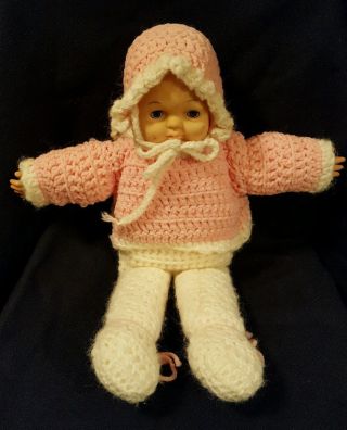 Vintage Handmade Crocheted Pink/white Baby Doll With Sleeping Bag