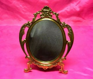 Vintage Art Deco Ladies Brass Table Top Vanity Oval Mirror -