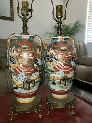 Tall Large Pair Chinese Porcelain Vase Lamps Japanese Man Vintage Oriental Gold