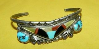 Vtg Native Zuni Old Pawn Sterling Silver Multi Stone Inlay Cuff Bracelet Signed