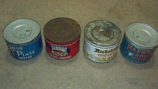 4 Vintage Coffee Tins Blue Plate,  French Market,  Richelieu,  Maxwell House