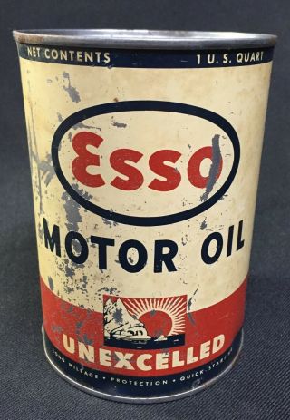 1930s Vintage Esso Unexcelled Motor Oil Can 1 Qt.  Opened
