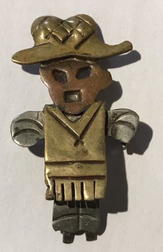 Vintage Mexico Silver Brass And Copper Movable Village Man Pin Brooch