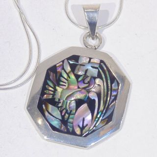 Vintage Mexico Sterling Silver Abalone Inlay Bird Flowers Pendant Necklace Te - 32