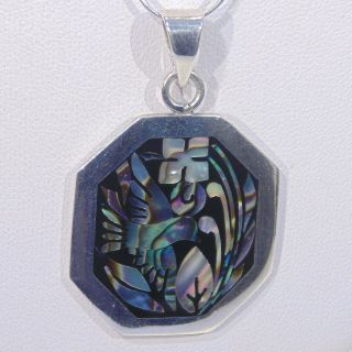 Vintage Mexico Sterling Silver abalone inlay bird flowers pendant necklace TE - 32 4