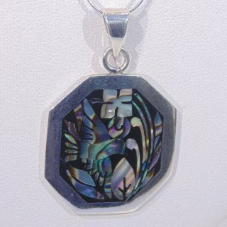 Vintage Mexico Sterling Silver abalone inlay bird flowers pendant necklace TE - 32 5