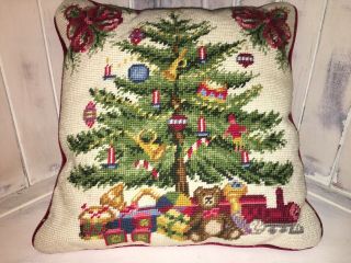 Vintage Hand Crafted Needlepoint Christmas Tree Throw Pillow Velvet Back 13x13