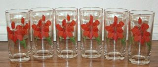 Set Of 6 Vintage Block Poinsettia Watercolors 12 Oz Tumblers Glasses 5 7/8 "