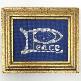 Vtg Finished Needlepoint Peace Dove Holiday Embroidery Wall Hanging Gold Frame