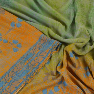Sanskriti Vintage Green Saree Moss Crepe Printed Sari Decor 5 Yard Craft Fabric