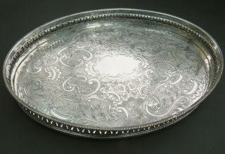 Vintage Ornate Silver Plated Oval Tray With Gallery - Silver Plate On Copper