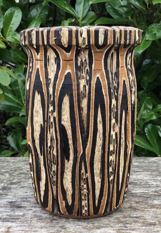 Vintage Zebra Multi Coloured Wooden Brush Pot Vase Tarawai Papua Quinea