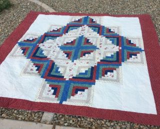 Vtg Handmade Hand Stitched Log Cabin Quilt Floral Lone Star Reversible 85 X 93