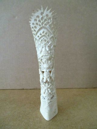 Folk Art Totem W/ Intricate Hand Carved God Figure Hollow Bovine Bone Asian Vtg