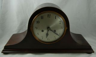Vintage Wooden Cased Napoleon Hat Chiming Mantle Clock - With Key