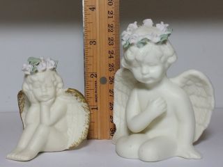 2 Small Vintage Porcelain White Bisque Cherub Angels Sitting Wings Garden Flower