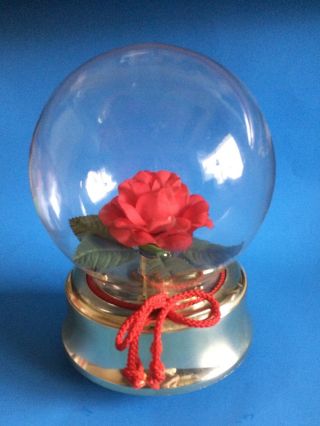Vintage Wind Up Musical Box,  Red Rose In Globe On Gold Tone Base Memories Song