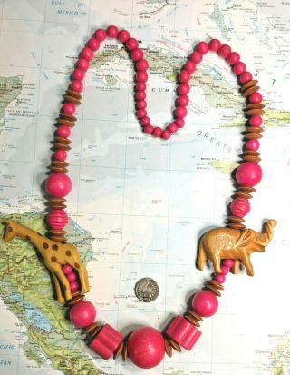 Vintage Over The Top Pink Wood Beaded Jungle Animal Statement Necklace