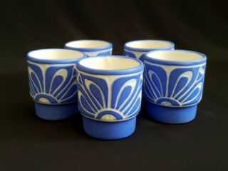 5 Vintage Ceramica Pablo Zabal Blue Azul Cups W/ Sgraffito Design Chile Signed