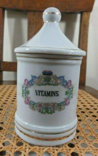 Antique Vintage Porcelain Hand Painted Apothecary Vitamins Jar Made In Japan