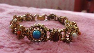 Vintage Florenza Bracelet Filigree Multi - Color Stone Gold Tone