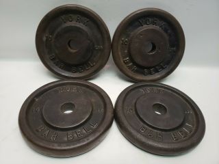 York Barbell 10 Lb Weight Plates X 4 = 40 Lb Standard 1 1/8 " Vintage (778)