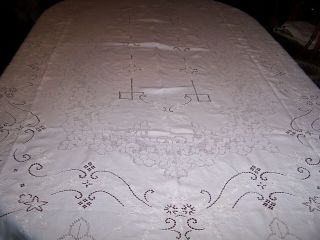 Vintage White Embroidered Cut Out Tablecloth 96 " X 68 "