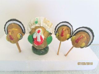 4 Vintage Hand Painted Plastic Thanksgiving Turkey & Picks Hong Kong China