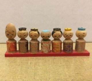 7 Vintage Kokeshi Wood Dolls Figures Japan Carved Painted Japanese W/orig Box