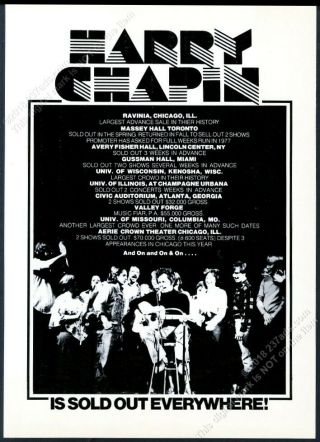 1977 Harry Chapin Photo Usa Tour Success Vintage Trade Print Ad