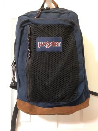 Vintage Jansport Leather Bottom Logo Navy Blue Backpack / Daypack Made In Usa