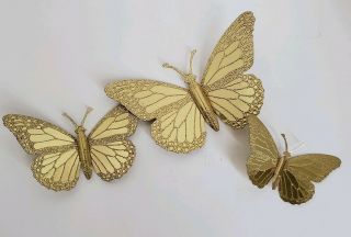Set Of 3 Vintage Home Interiors Gold Butterfly Wall Decor Plaques Euc